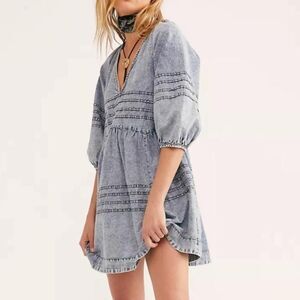 free people blue jean babydoll dress Free People denim babydoll dress with puff sleeves